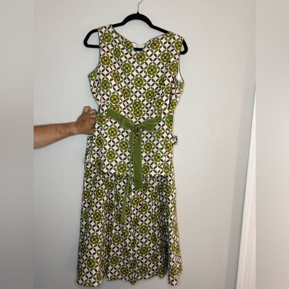 Vintage 60s Mod Geometric Print Dress Green BrownYellow Belted Sleeveless A- Line - www.rajagirimanappuram.com